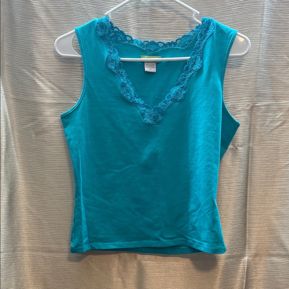 Lace-Trim Teal Sleeveless Tank Top